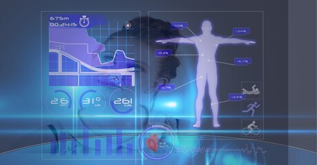 Digital interface with medical data processing against woman in background