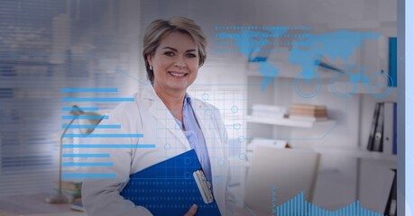 Digital interface with data processing over portrait of female senior doctor smiling
