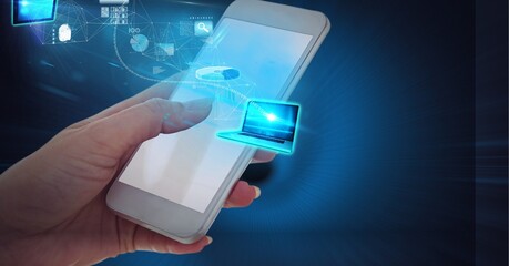 Digital interface with data processing over laptop against hand using smartphone