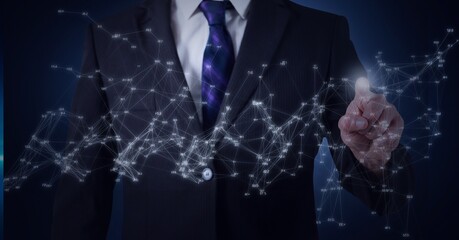 Network of connections against mid section of businessman touching invisible screen