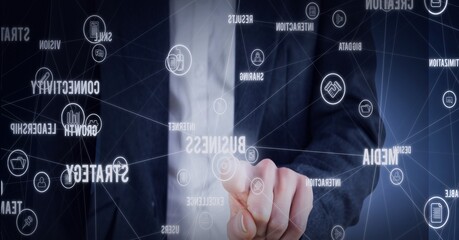 Words and icons with a businessman over a blue background, corporate concept