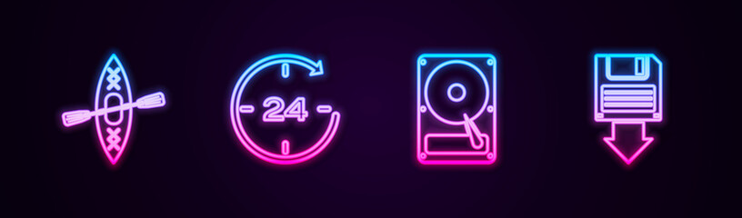 Set line Kayak and paddle, Clock 24 hours, Hard disk drive HDD and Floppy backup. Glowing neon icon. Vector
