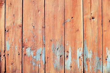 Obraz premium Texture of an old wooden wall with peeling red paint. Vintage background from boards
