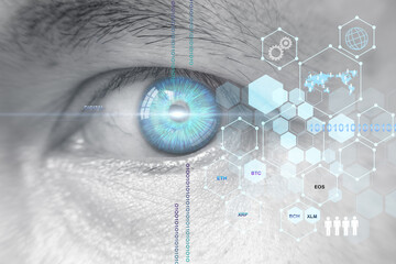Human eye and high-tech concept, screening big data and digital transformation technology strategy,...