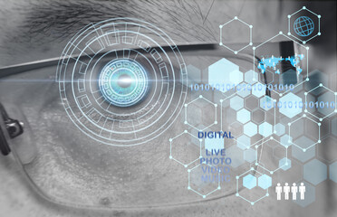 Human eye and high-tech concept, screening big data and digital transformation technology strategy, digitalization of business processes and data, High Technologies in the future