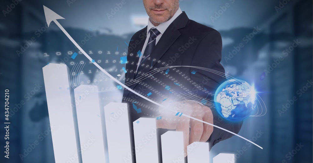 Poster composition of businessman touching interactive white statistics with arrow pointing up and globe