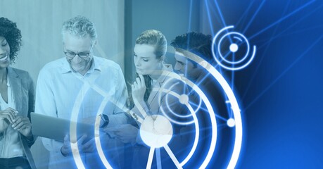 Composition of white circles over diverse group of businesspeople in modern office