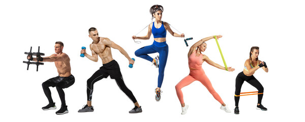 Collage of different professional sportsmen, fit people in action and motion isolated on white background. Flyer.