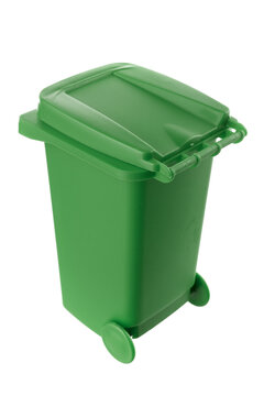 Plastic green trash can isolated on white background