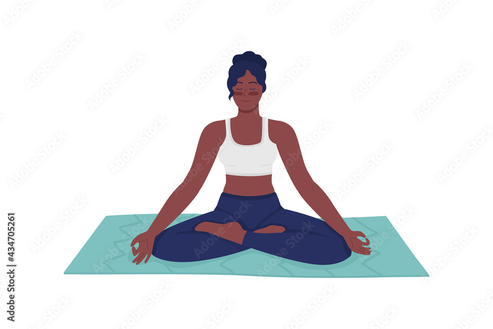 Sticker happy woman meditating flat color vector detailed character. indian girl in asana position. zen and 