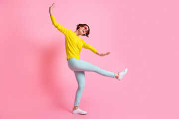 Full size photo of young attractive happy excited cheerful positive girl dancing enjoy weekend...