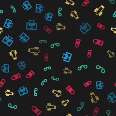 Set line Monitor with 18 plus content, Handcuffs, Dildo vibrator for sex games and Condom safe on seamless pattern. Vector