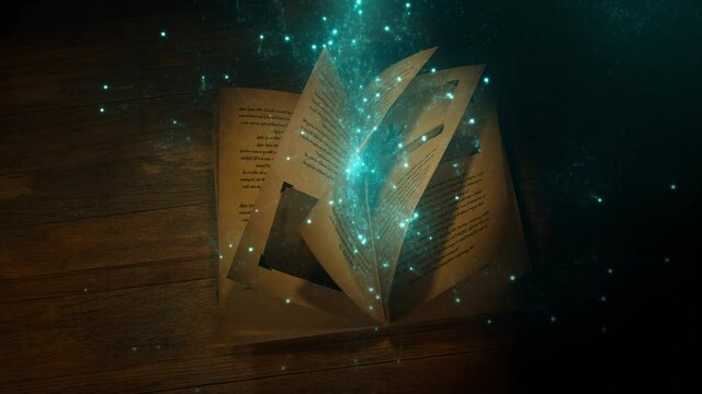 Glowing particles over old book. Mystical spellbook turning pages with colorful and glowing dust particles. 3D rendering motion background animation.