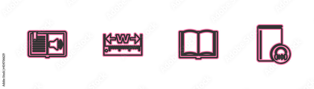 Poster set line audio book, open, measuring height and length and icon. vector