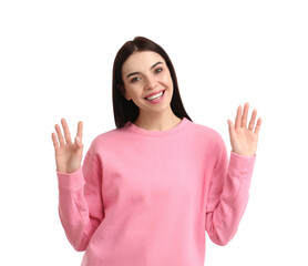 Attractive young woman showing hello gesture on white background