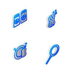 Set Isometric line Sponge with bubbles, Salt and pepper, Washing dishes and Frying pan icon. Vector