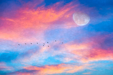 Moon Birds Sunset Painting