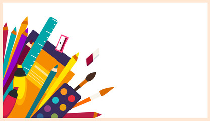 Ad banner Back to school.Sale poster with School Supplies Accessories element.Schooling Stationery tools and place for text on white background.Promotion template.Office stationery.Vector illustration