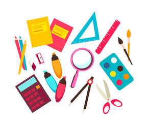 Fototapeta na wymiar School supplies elements isolated on white background. Schooling Stationery tools.School student accessories.Set of office stationery. Back to school equipment. Education Study workspace. Flat Vector
