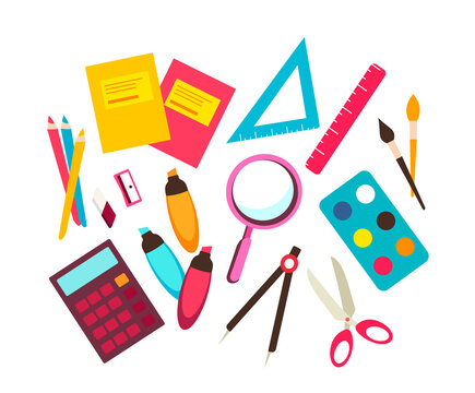 School supplies elements isolated on white background. Schooling Stationery tools.School student accessories.Set of office stationery. Back to school equipment. Education Study workspace. Flat Vector