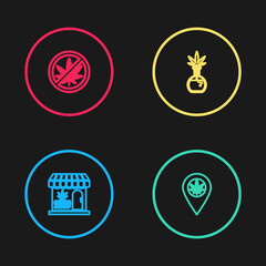Set line Marijuana and cannabis store, Location marijuana, Test tube with and Stop icon. Vector