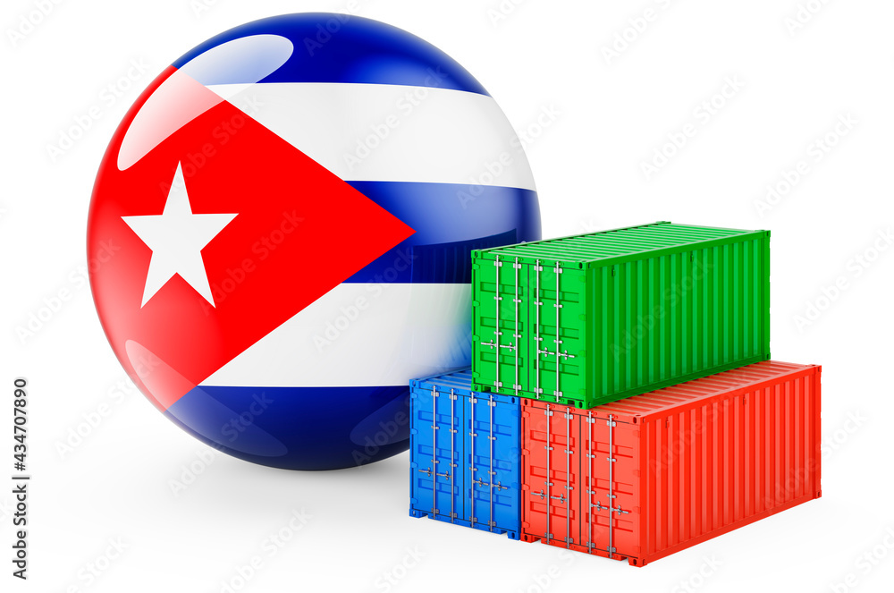 Poster cargo containers with cuban flag. freight shipping in cuba, 3d rendering