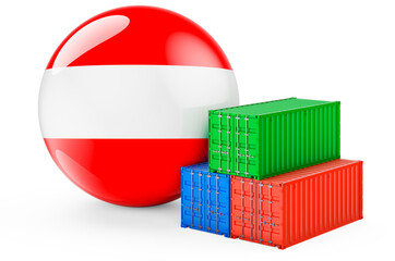 Cargo containers with Austrian flag. Freight shipping in Austria, 3D rendering
