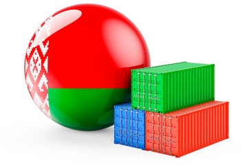 Cargo containers with Belarusian flag. Freight shipping in Belarus, 3D rendering