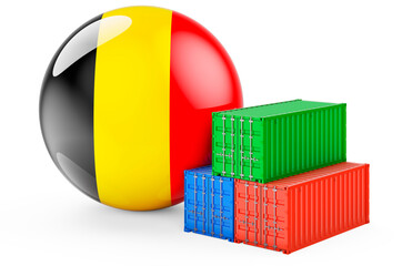 Cargo containers with Belgian flag. Freight shipping in Belgium, 3D rendering