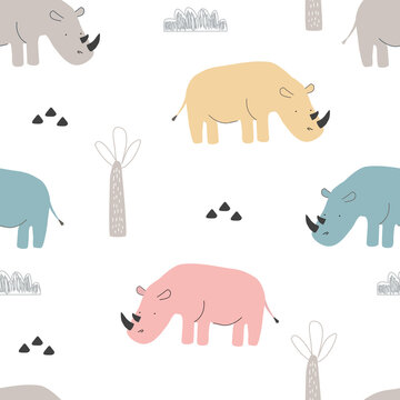 Seamless pattern with cute animal rhinos, palm trees and clouds on a white background. Vector illustration for printing on fabric, packaging paper, postcard, poster. Cute baby background