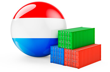 Cargo containers with Luxembourgish flag. Freight shipping in Luxembourg, 3D rendering