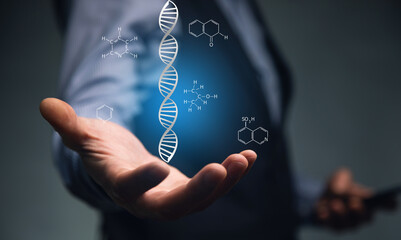 man touching abstract technology science concept DNA