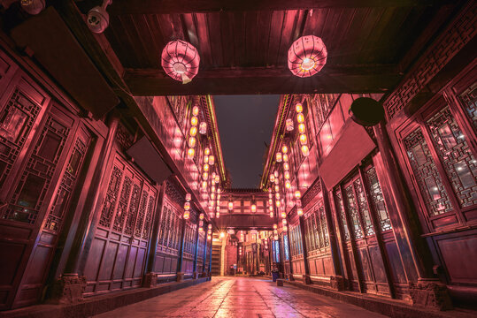 The streets of Jinli in Chengdu, China are lit up with big red lanterns for Chinese New Year