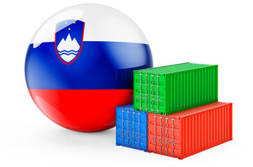 Cargo containers with Slovenian flag. Freight shipping in Slovenia, 3D rendering