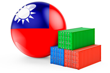 Cargo containers with Taiwanese flag. Freight shipping in Taiwan, 3D rendering
