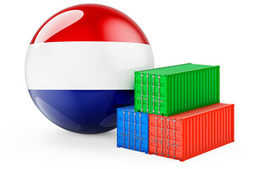Cargo containers with The Netherlands flag. Freight shipping in the Netherlands, 3D rendering