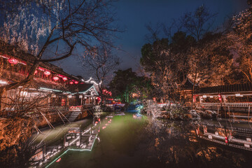 The streets of Jinli in Chengdu, China are lit up with big red lanterns for Chinese New Year