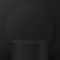 Black realistic round pedestal against a dark wall to present your product or project. Circle banner on a black background. Cylindrical podium for display. 3D scene. Vector illustration.
