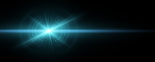 Stylish tech blue light effect isolated on a dark background. Vector footage for your project. Explosion with glowing sparks. Magic beams. Bright flare with horizontal rays.