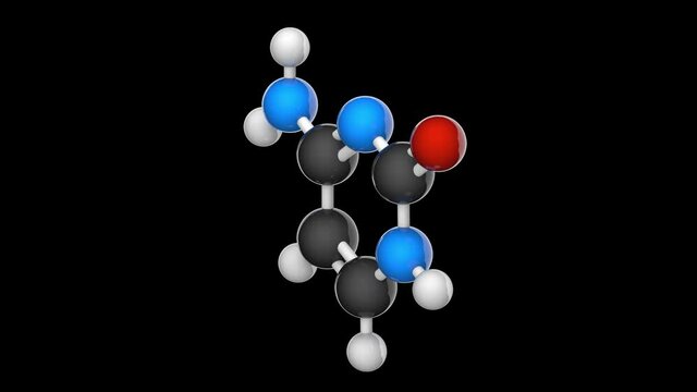 Cytosine. Nitrogenous base molecular structure(DNA and RNA parts). C4H5N3O. 3D render. Seamless loop. Chemical structure model: Ball and Stick. RGB + Alpha (Transparent) channel
