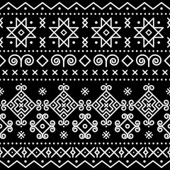 Traditional folk art vector seamless pattern inspired by an old painted houses in Cicmany, Slovakia, retro design with tribal geometric shapes