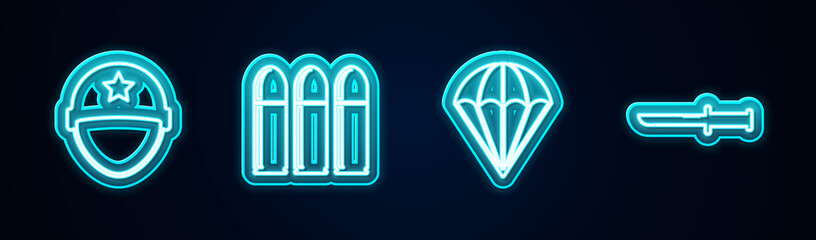 Set line Military helmet, Bullet, Parachute and knife. Glowing neon icon. Vector