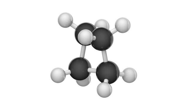 Structural chemical formula and molecular structure of Cyclobutane(C4H8). 3D render. Seamless loop. Chemical structure model: Ball and Stick. White background
