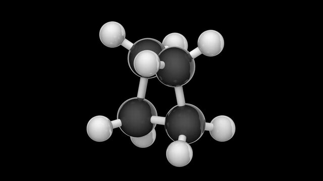 Structural chemical formula and molecular structure of Cyclobutane(C4H8). 3D render. Seamless loop. Chemical structure model: Ball and Stick. RGB + Alpha (Transparent) channel