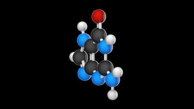 Chemical structural formula and model of Guanine. Nitrogenous base molecular structure (DNA and RNA parts). C5H5N5O. 3D render. Seamless loop. RGB + Alpha (Transparent) channel