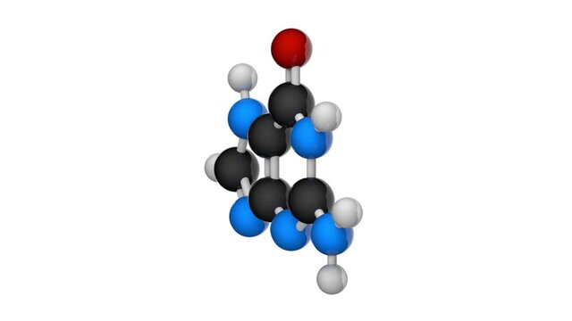 Chemical structural formula and model of Guanine. Nitrogenous base molecular structure (DNA and RNA parts). C5H5N5O. 3D render. Seamless loop. Chemical structure model: Ball and Stick.