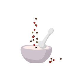 Peppercorn mix in ceramic mortar. Organic product flat. Flavor cooking ingredient. Different varieties of peppers fall from kitchen bowl. Black pepper Fragrant corns. Spicy hot condiment for cooking.