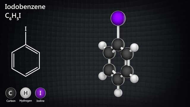 Iodobenzene (Phenyl iodide) is useful as a synthetic intermediate in organic chemistry. Formula: C6H5I. 3D render. Seamless loop. Chemical structure model: Ball and Stick.