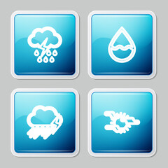 Set line Cloud with rain and lightning, Water drop, and Fog sun icon. Vector