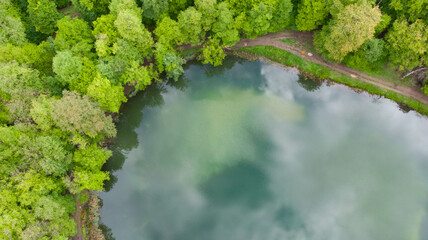 Naklejka premium Aerial view of wild forest lake
